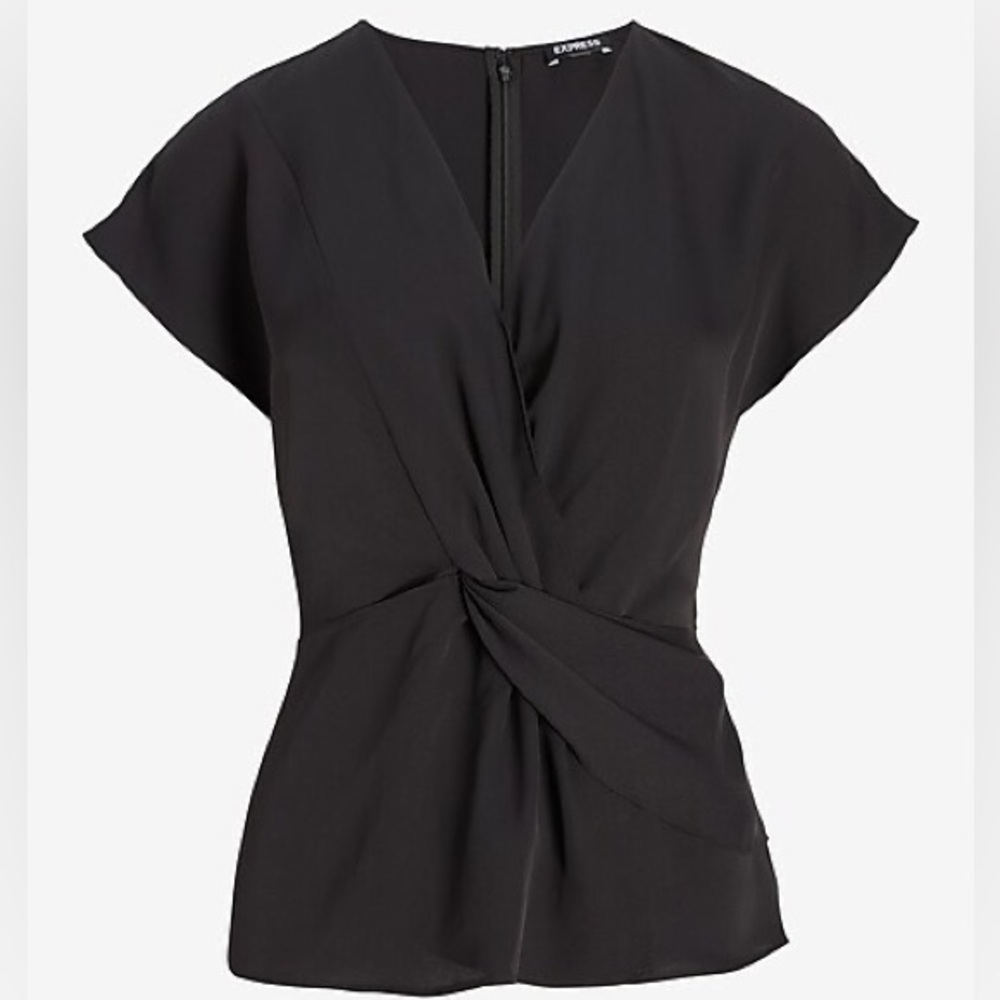 Express Twist Front True Black Short Sleeve V-Neck Blouse Size XL - DRAFT